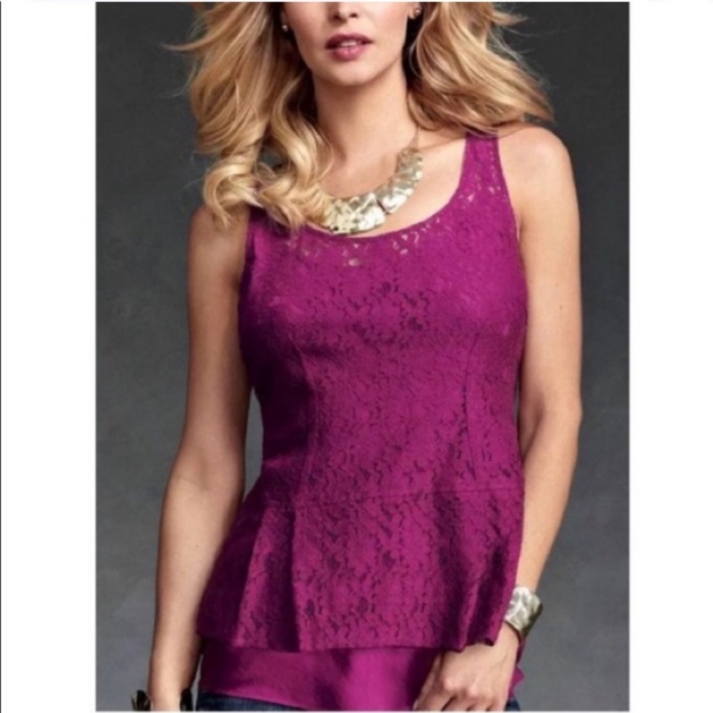 Cabi lace peplum top with scoop neck magenta size S